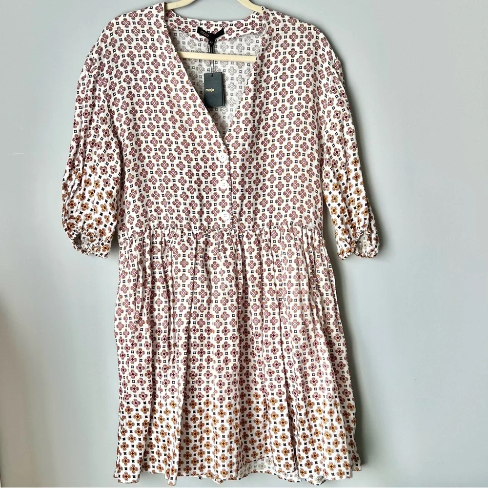 Maje Romelange Geometric Print Linen Dress NWT | Size 42 | Missing Lace Collar